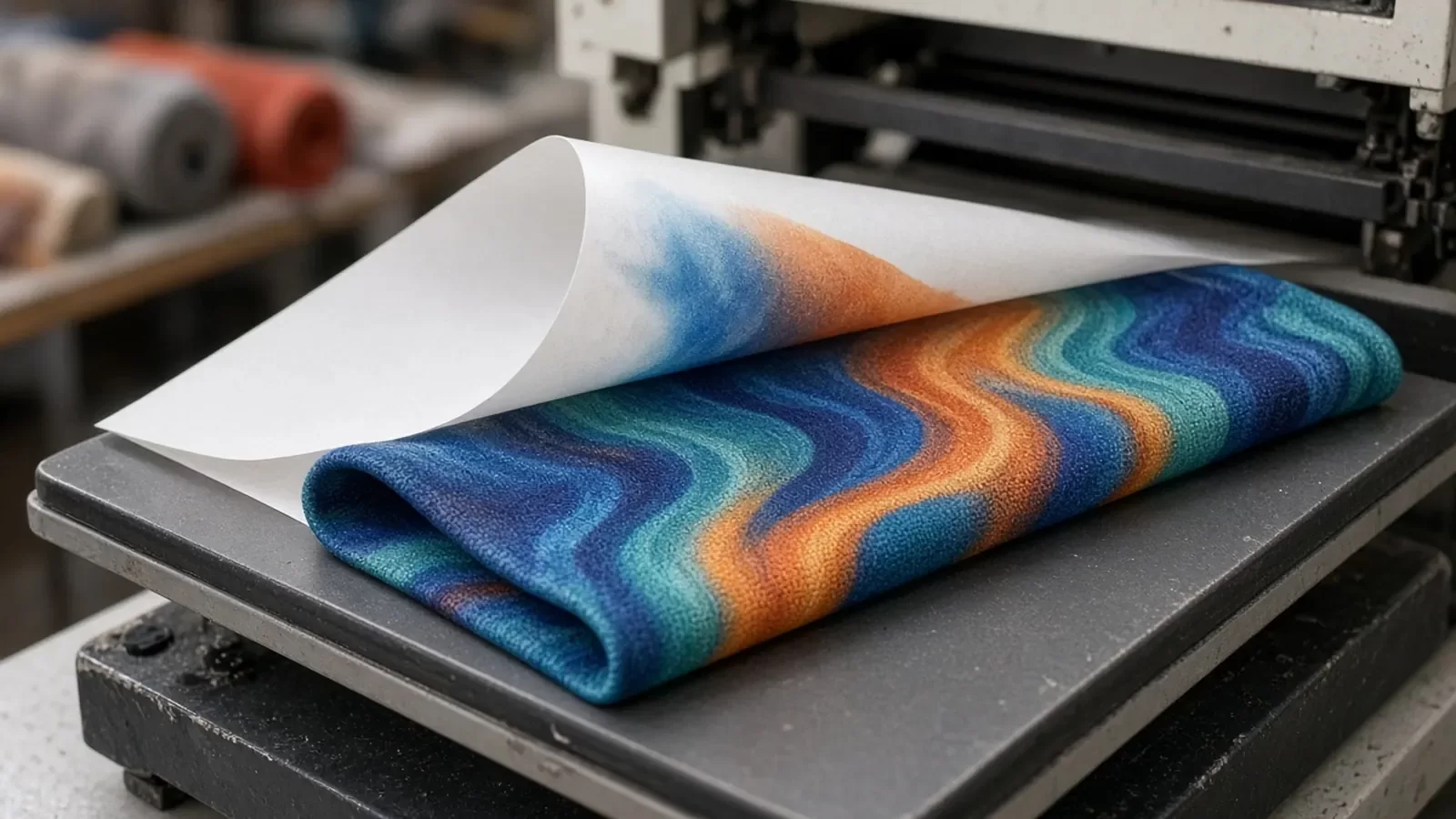 Isı presinde transfer kâğıdı kaldırılırken mavi, turkuaz ve turuncu dalga desenli sublimasyon baskılı mikrofiber boyunluk